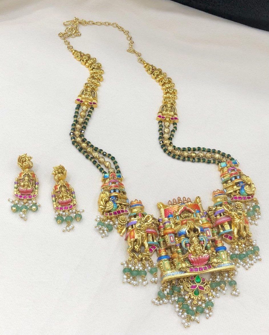 Antique Jadau Stone Laminate Enamel Temple Haram set